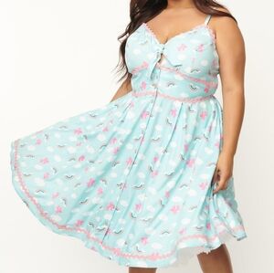🧁B2G1🧁 Unique Vintage Aqua & Rainbow Print Rockie Swing Dress
